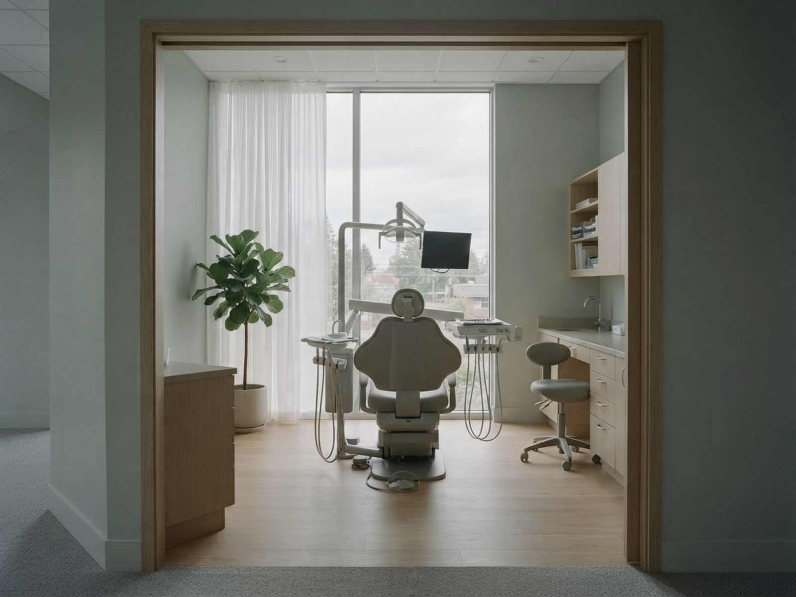 Treatment room at Vera Clinic with a large window and a grey chair