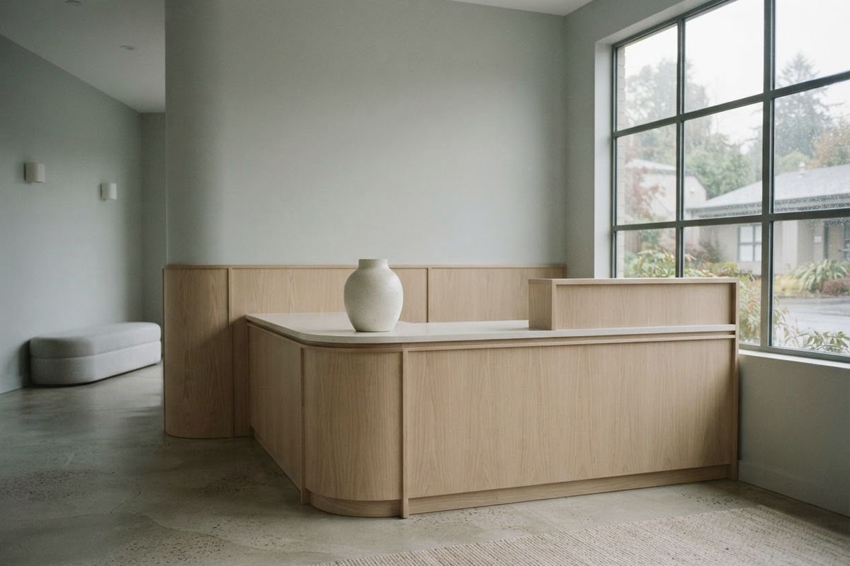 Reception desk in light oak with a ceramic vase