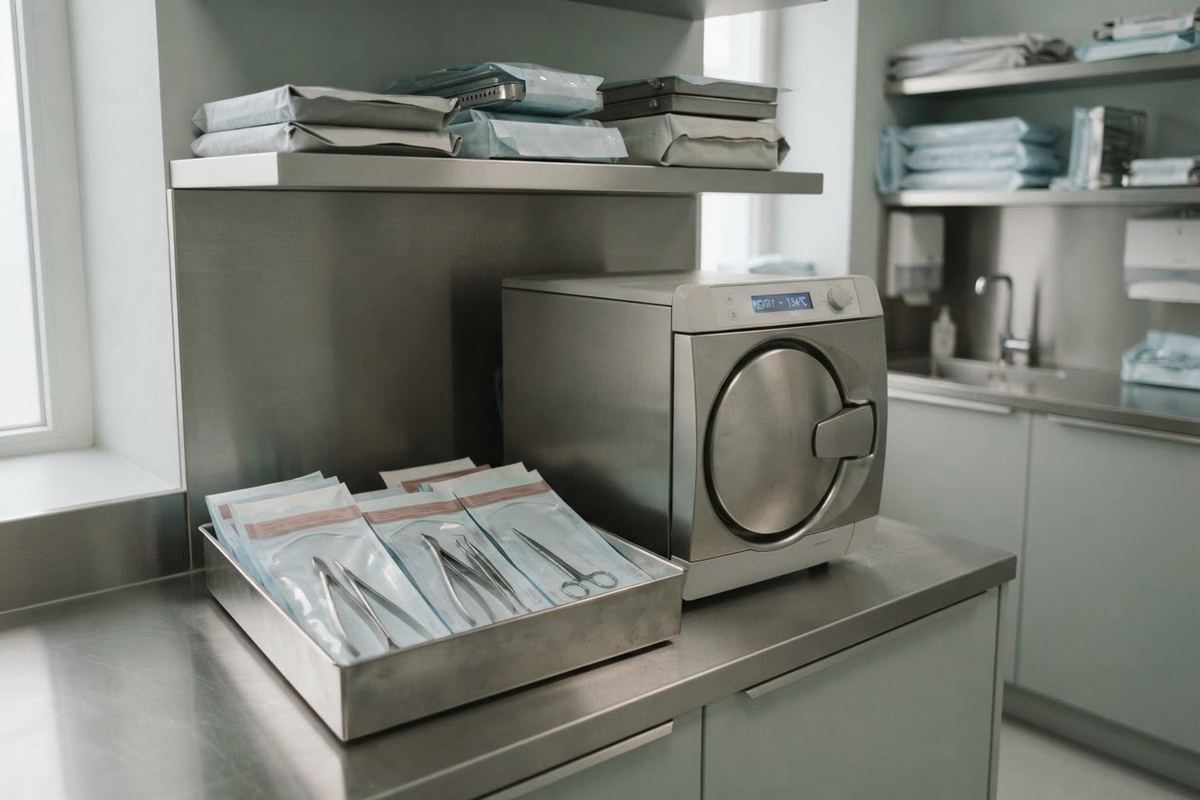 Sterilisation room: class B autoclave and sealed instrument pouches