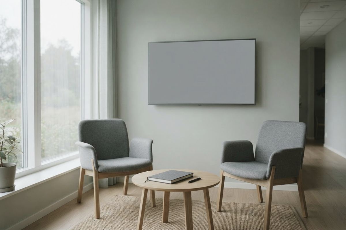 Consultation corner with two chairs and a screen