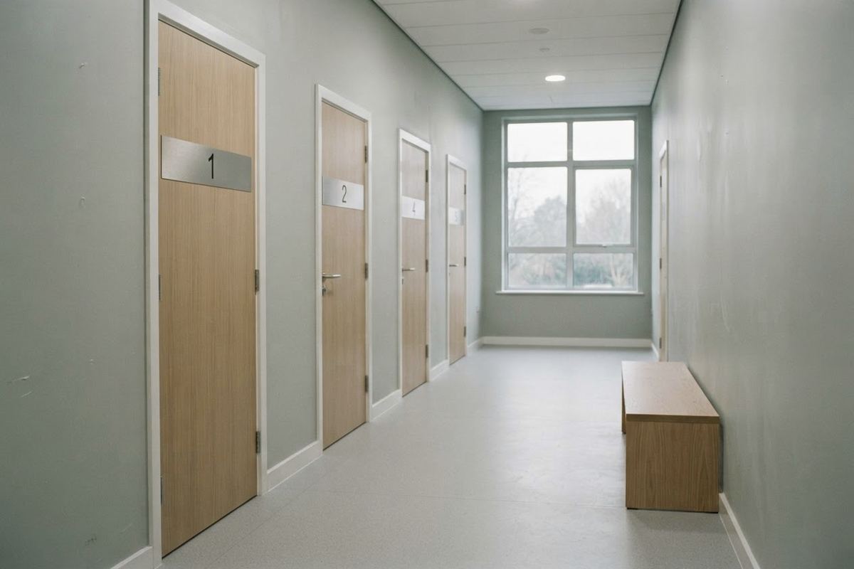 Corridor with five numbered treatment room doors